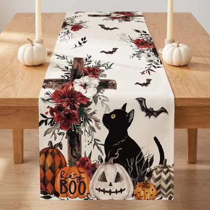 Table runner design CFZQ014-2: black cat, floral cross and BOO pumpkins
