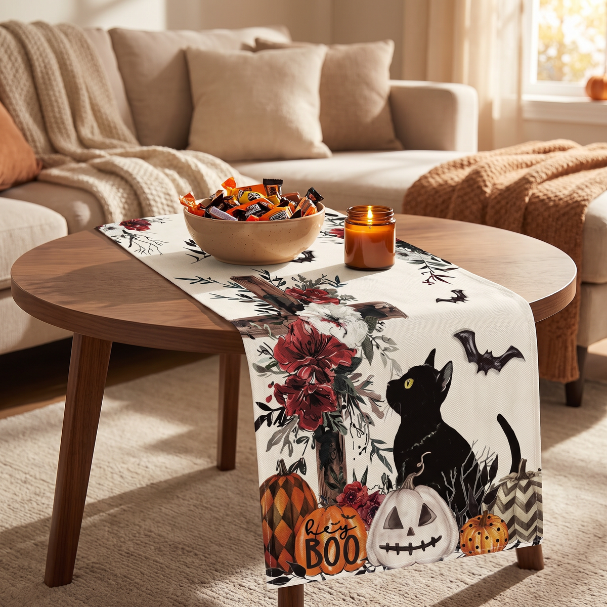 Black cat and BOO pumpkin table runner on a living room coffee table