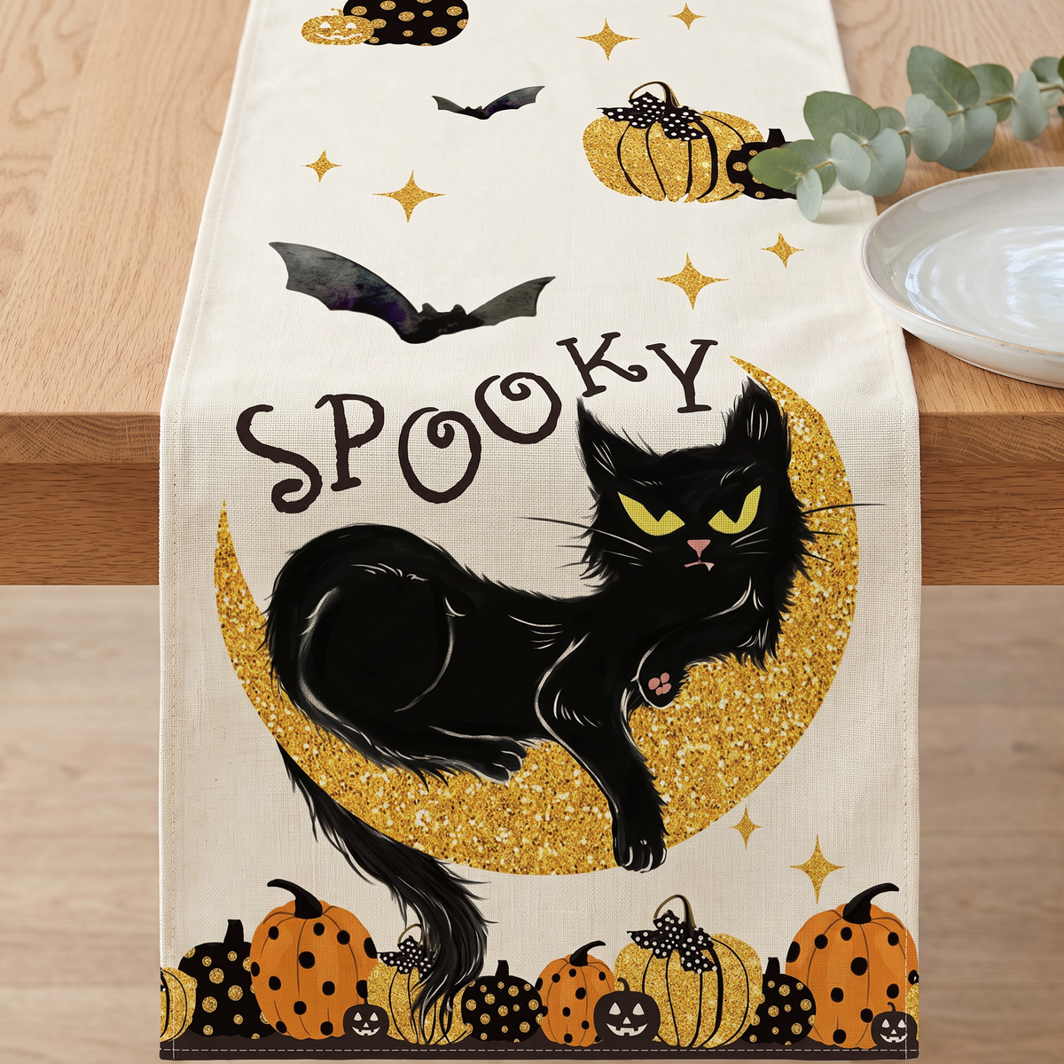 Close-up of the linen weave and Spooky cat print on the Halloween table runner