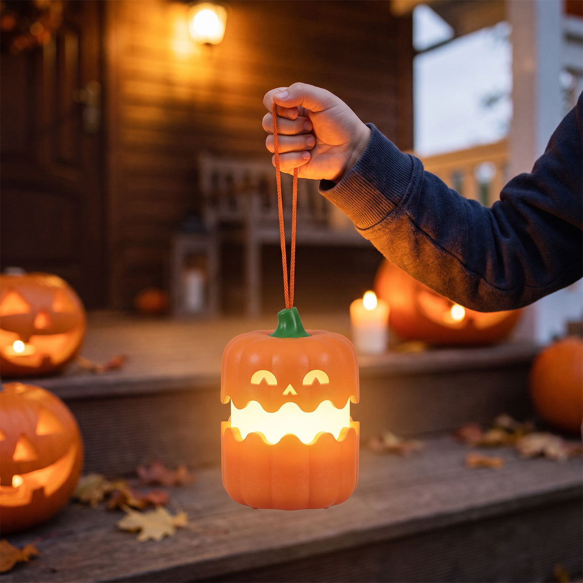 Pumpkin night light carried by its strap on a Halloween porch