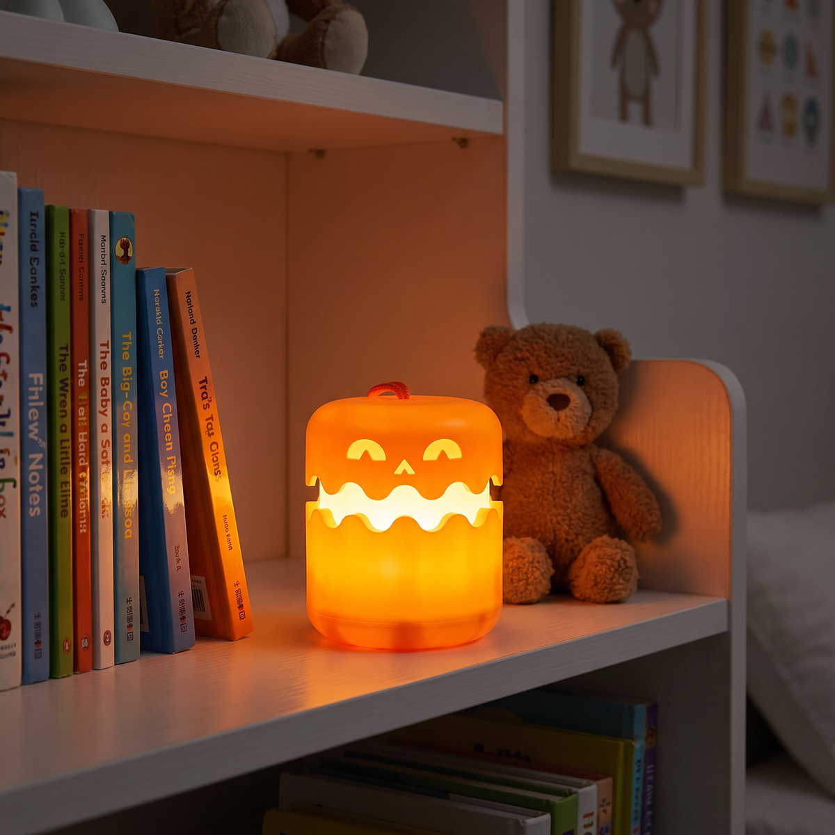 Pumpkin LED night light on a child's bedroom bookshelf