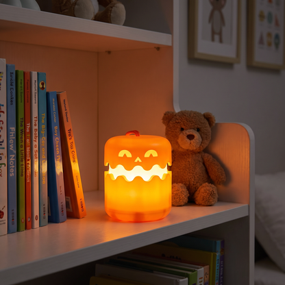 Pumpkin LED night light on a child's bedroom bookshelf