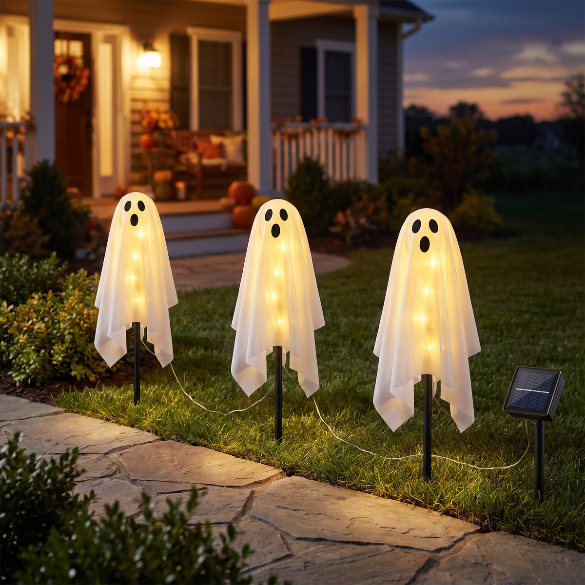 Solar ghost ground lights glowing along a front garden path at dusk