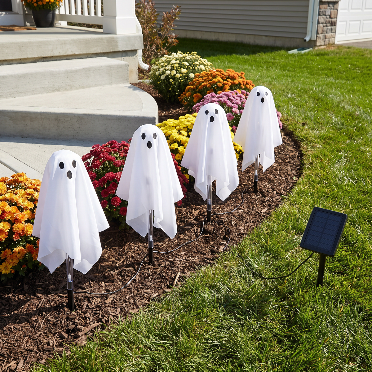 Solar ghost stake lights in a flower bed by day with solar panel