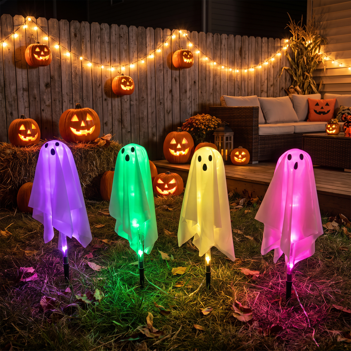 Colourful glowing solar ghost lights at a backyard Halloween party