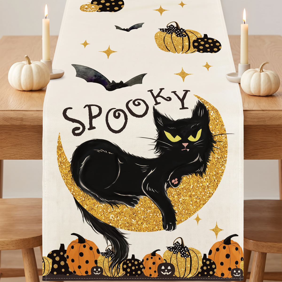 Table runner design CFZQ014-3: Spooky black cat on a gold moon