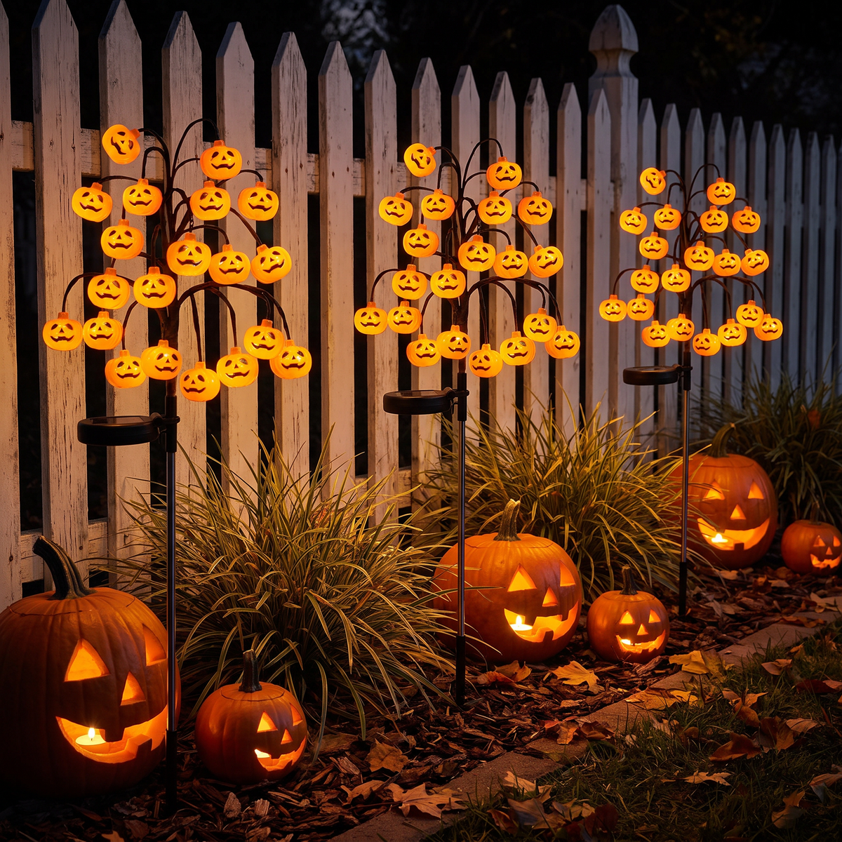 Solar pumpkin branch lights along a garden border at night
