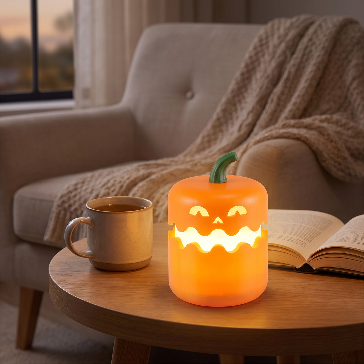 Foldable pumpkin LED night light glowing on a living room side table