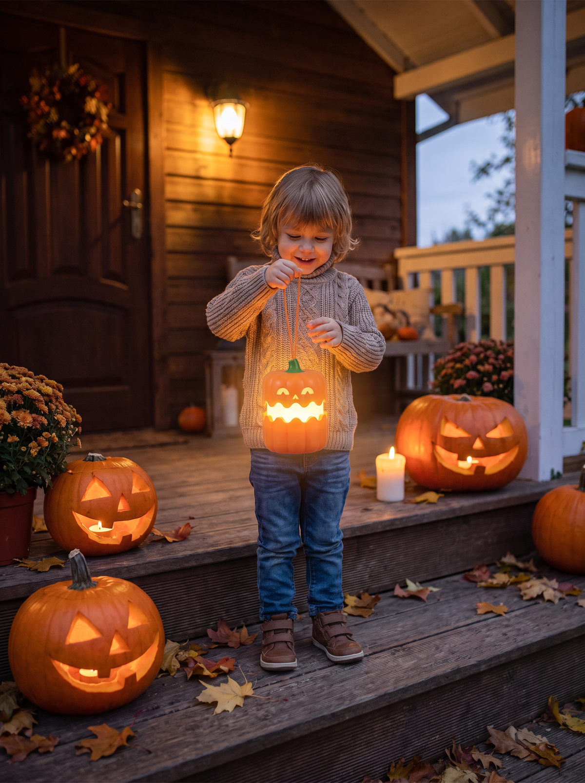Cordless pumpkin night light decorating a Halloween table