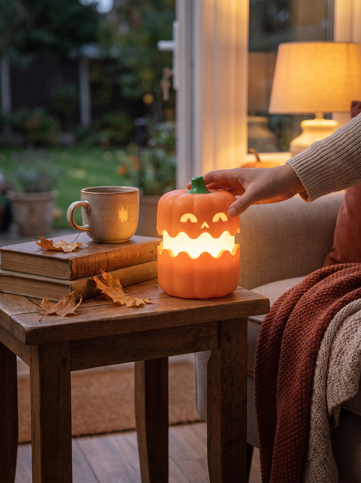 Foldable pumpkin LED night light glowing warmly on a cosy autumn shelf