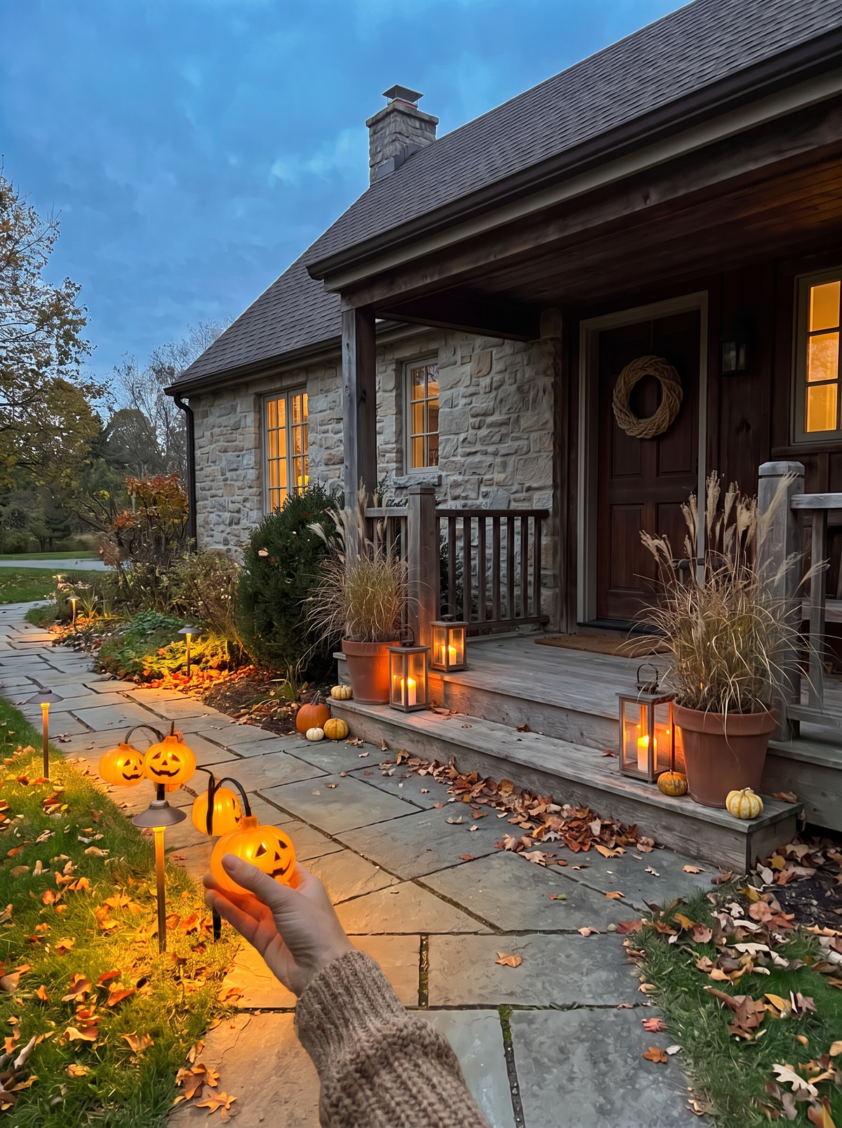 Solar pumpkin stake lights along a garden path