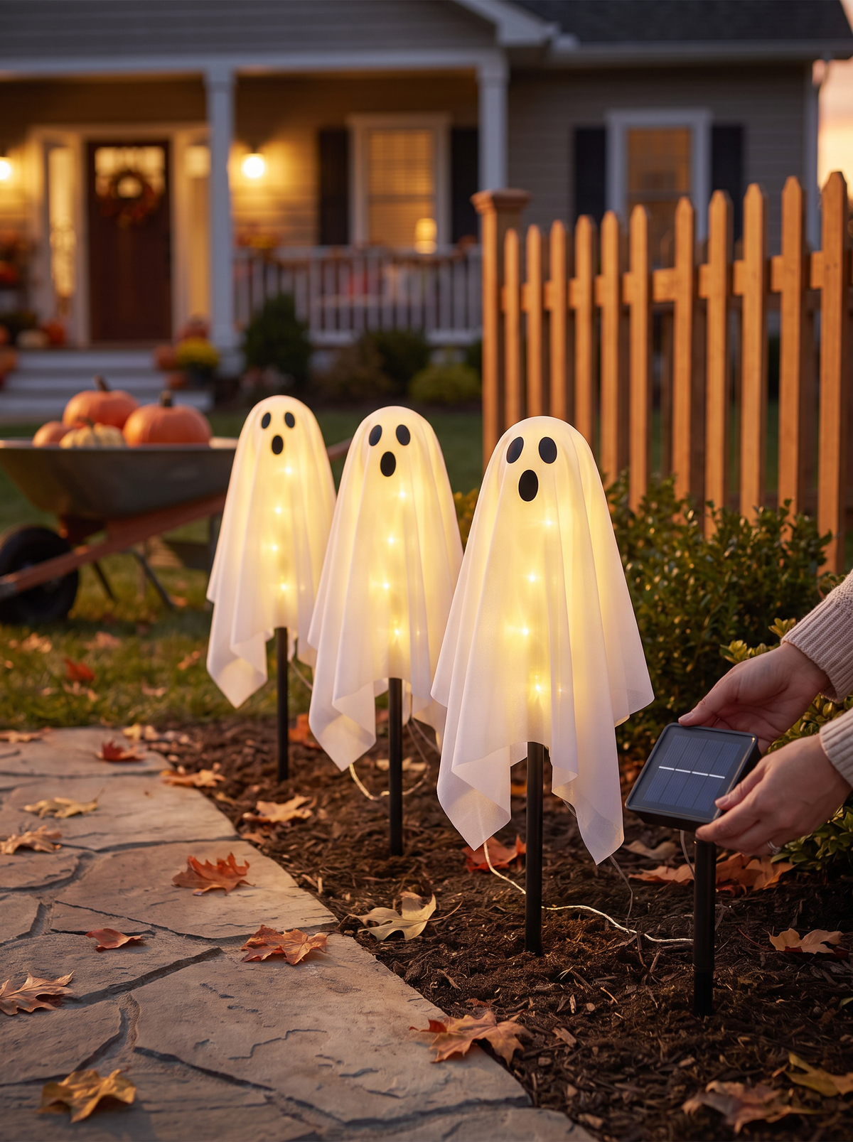 Solar ghost garden lights charging in the sun