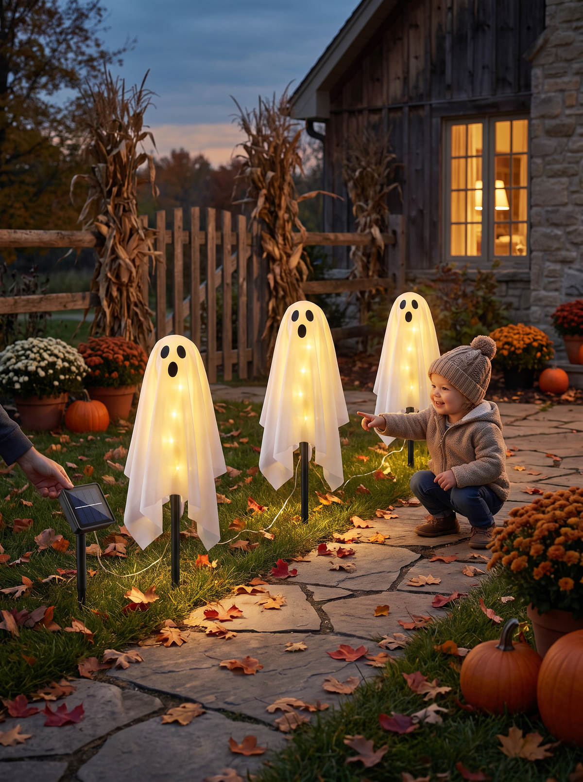 Ghost garden lights glowing in a front yard at night