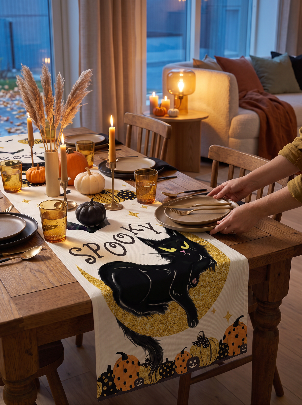 Halloween table runner styled on a sideboard