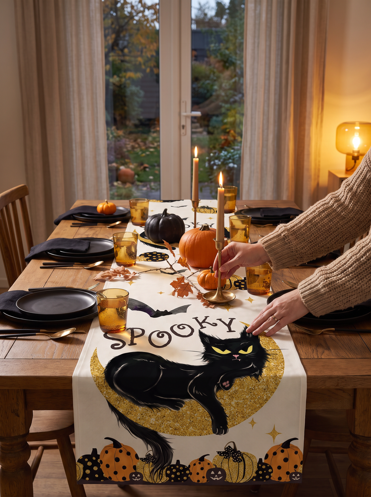 Close view of the soft linen Halloween table runner print