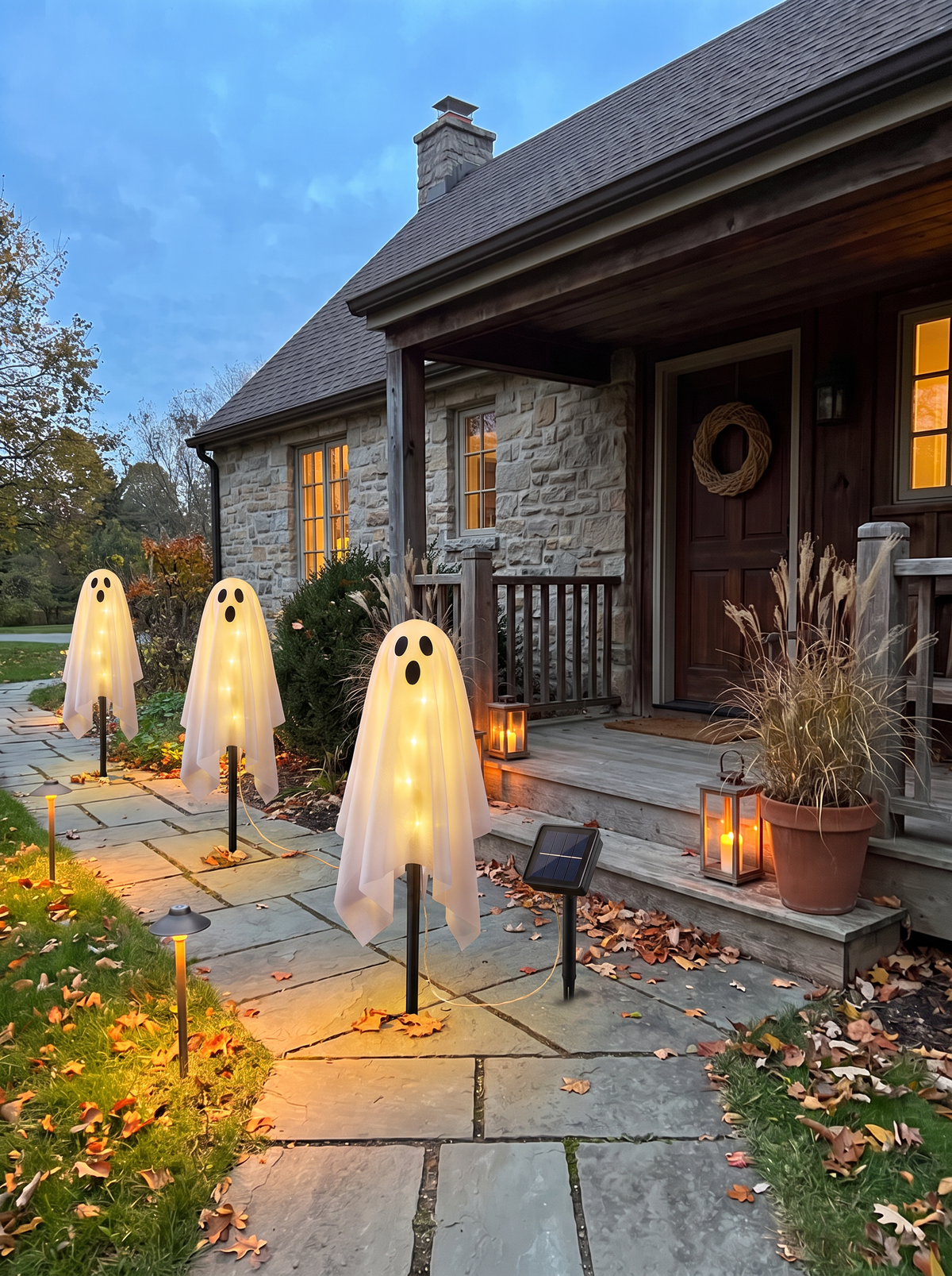 Weatherproof ghost lights along a garden bed