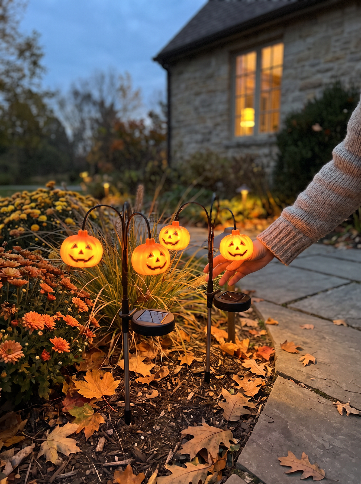 Solar pumpkin and ghost stake lights glowing after dark