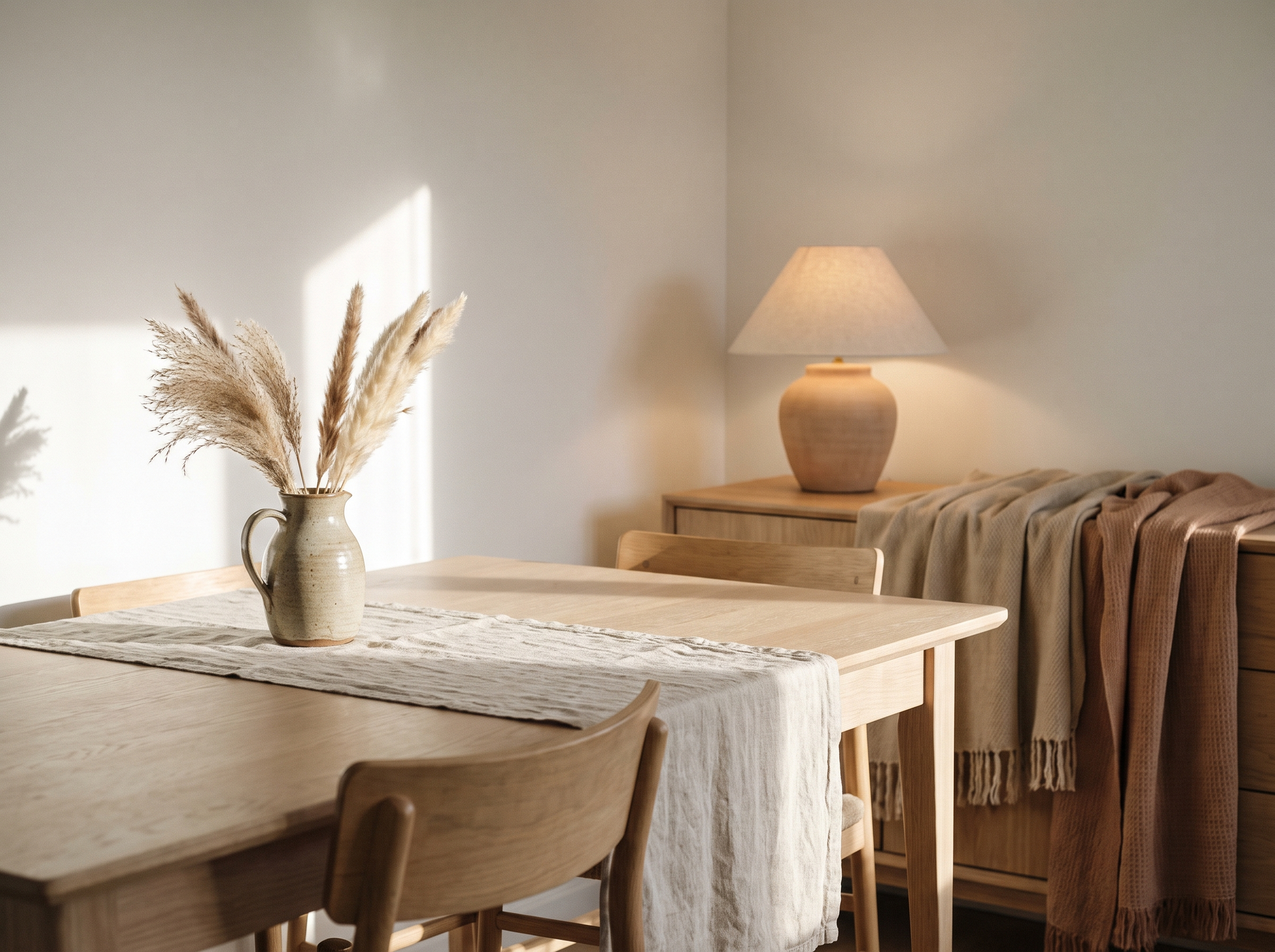 Warm dining corner with an oak table, linen runner and a softly lit sideboard