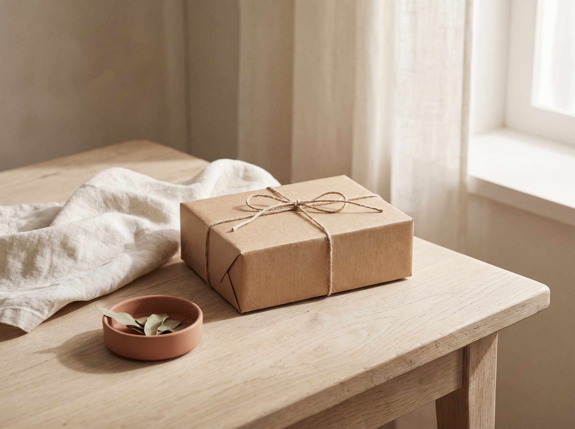 Plain kraft parcel tied with cotton twine resting on a pale oak table